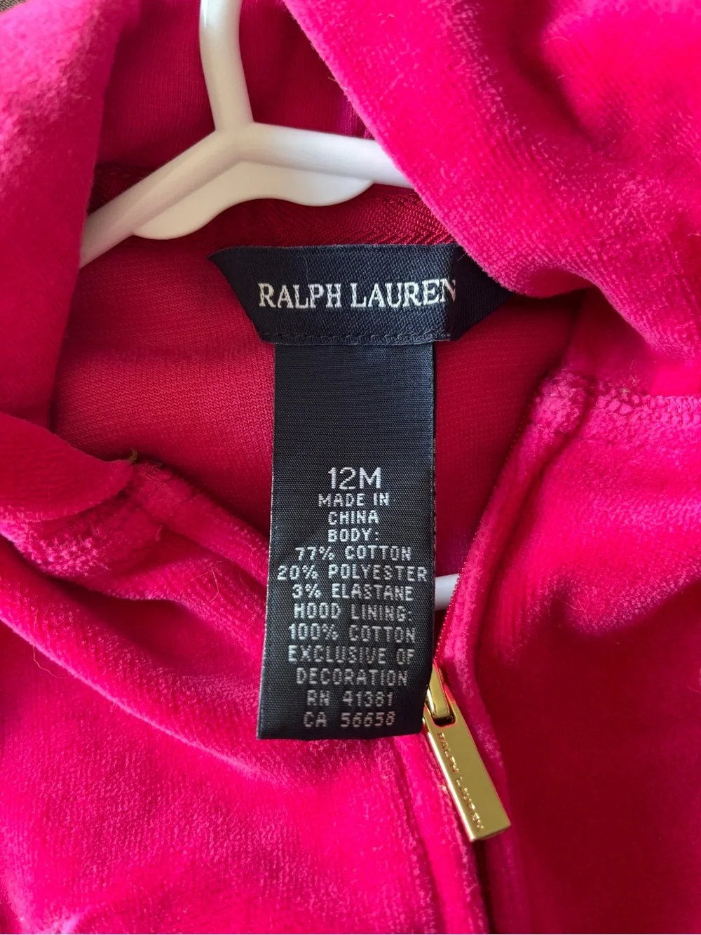 Ralph Lauren Baby Girls Size 12 Month Velour Zip Up Sweatshirt Hot Pink Peplum